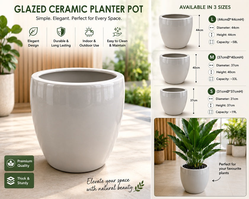 33CM-44cm (SELF COLLECTION ONLY) Premium Glazed Ceramic Planter Pot – Elegant Indoor & Outdoor Flower Pot