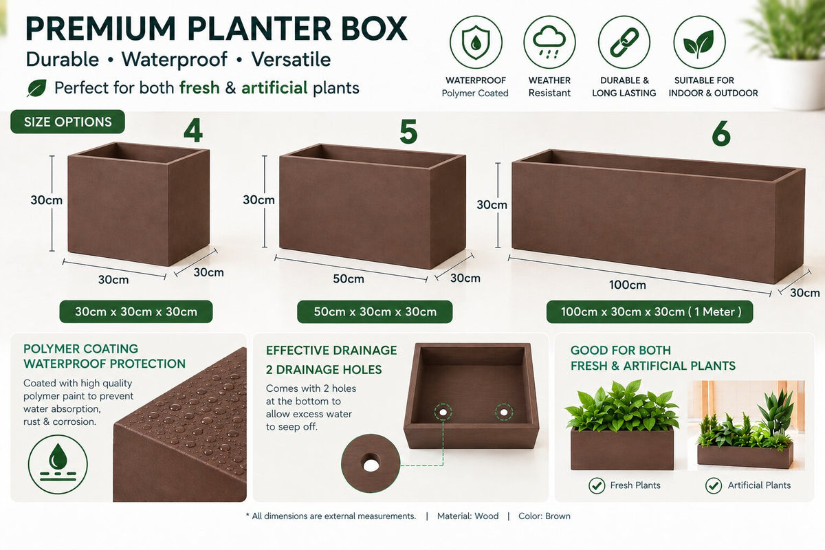 Heavy Duty Waterproof Planter Box | Modern Rectangular Flower Pot | Polymer Coated | Drainage Holes | Indoor & Outdoor