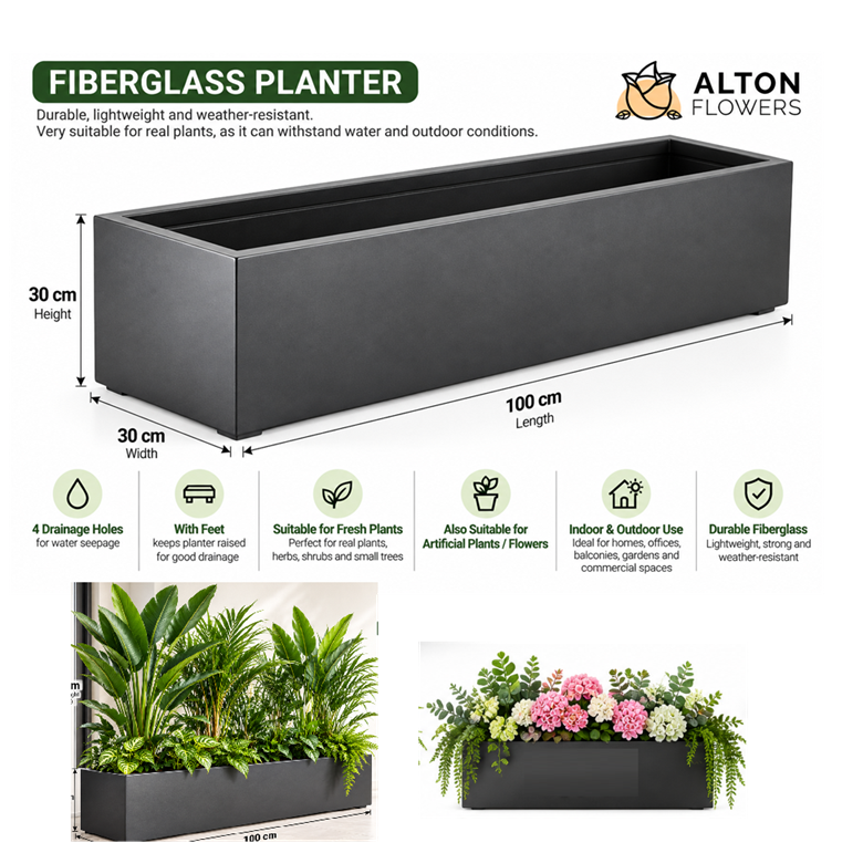 30cm Premium Fiberglass Rectangular Planter Box 100x30x30cm | Waterproof Outdoor & Indoor Flower Pot | Suitable for Live & Artificial Plants