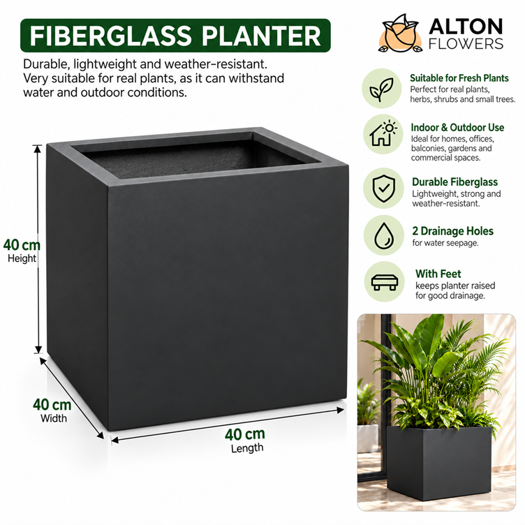 40cm Premium Fiberglass Rectangular Planter Box 40x40x40cm | Waterproof Outdoor & Indoor Flower Pot | Suitable for Live & Artificial Plants |