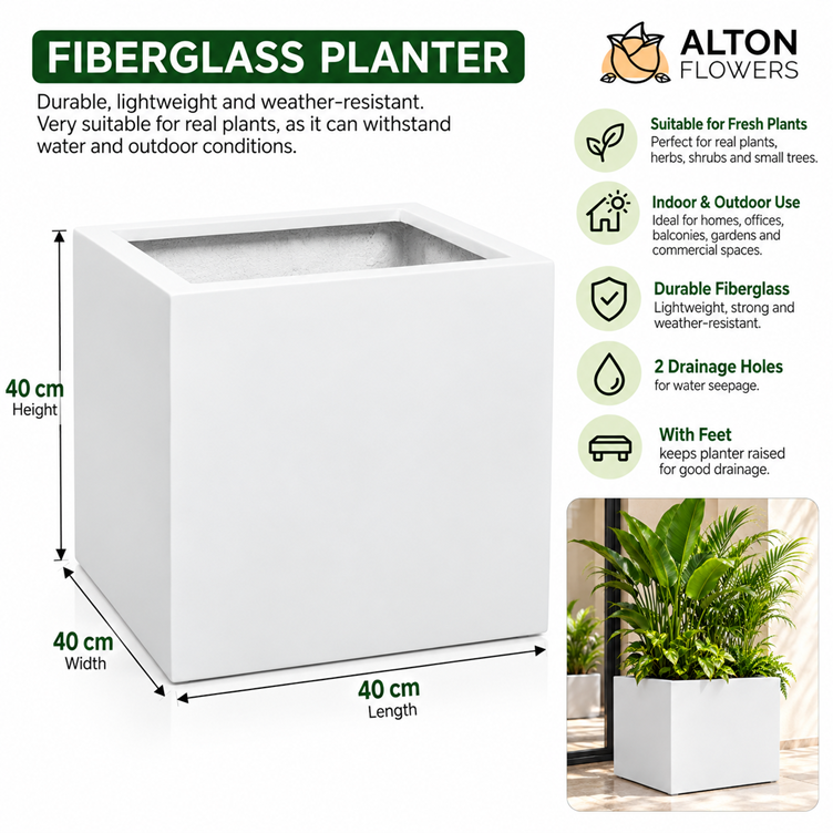 40cm Premium Fiberglass Rectangular Planter Box 40x40x40cm | Waterproof Outdoor & Indoor Flower Pot | Suitable for Live & Artificial Plants |
