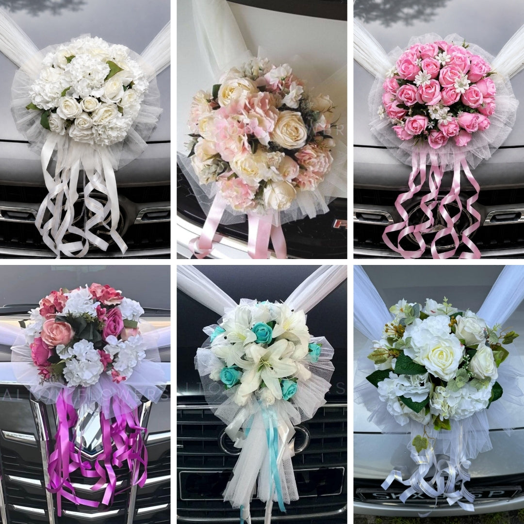 Six floral car bouquet decorations arranged in a 2x3 grid, each tied to a car seat with white ribbons. The bouquets include white, blush pink, peach, pink, white-and-turquoise, and white floral arrangements with tulle and long ribbon tails.