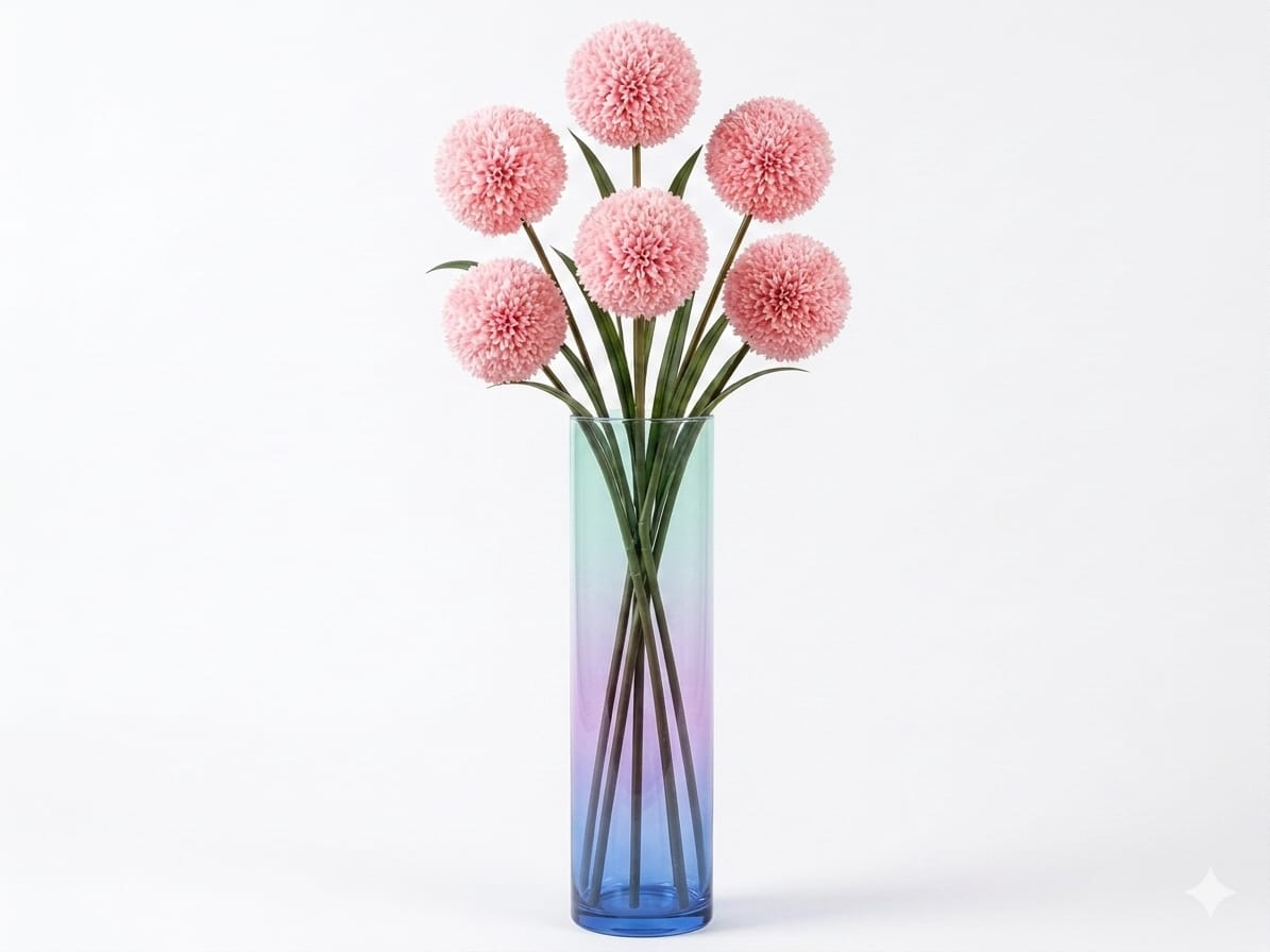 Artificial giant Allium ball flower by Alton Flowers, showcasing vibrant purple blooms in a decorative arrangement.
