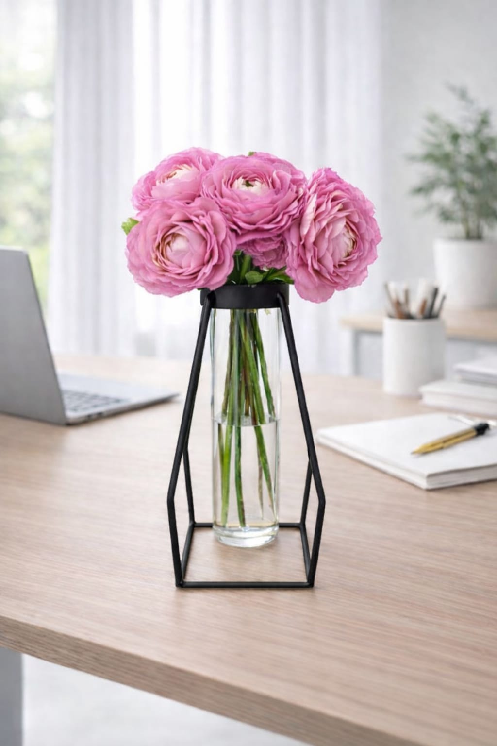 Artificial peony flower bush in a 25cm glass vase, realistic blooms, from Alton Flowers, perfect for home decor.