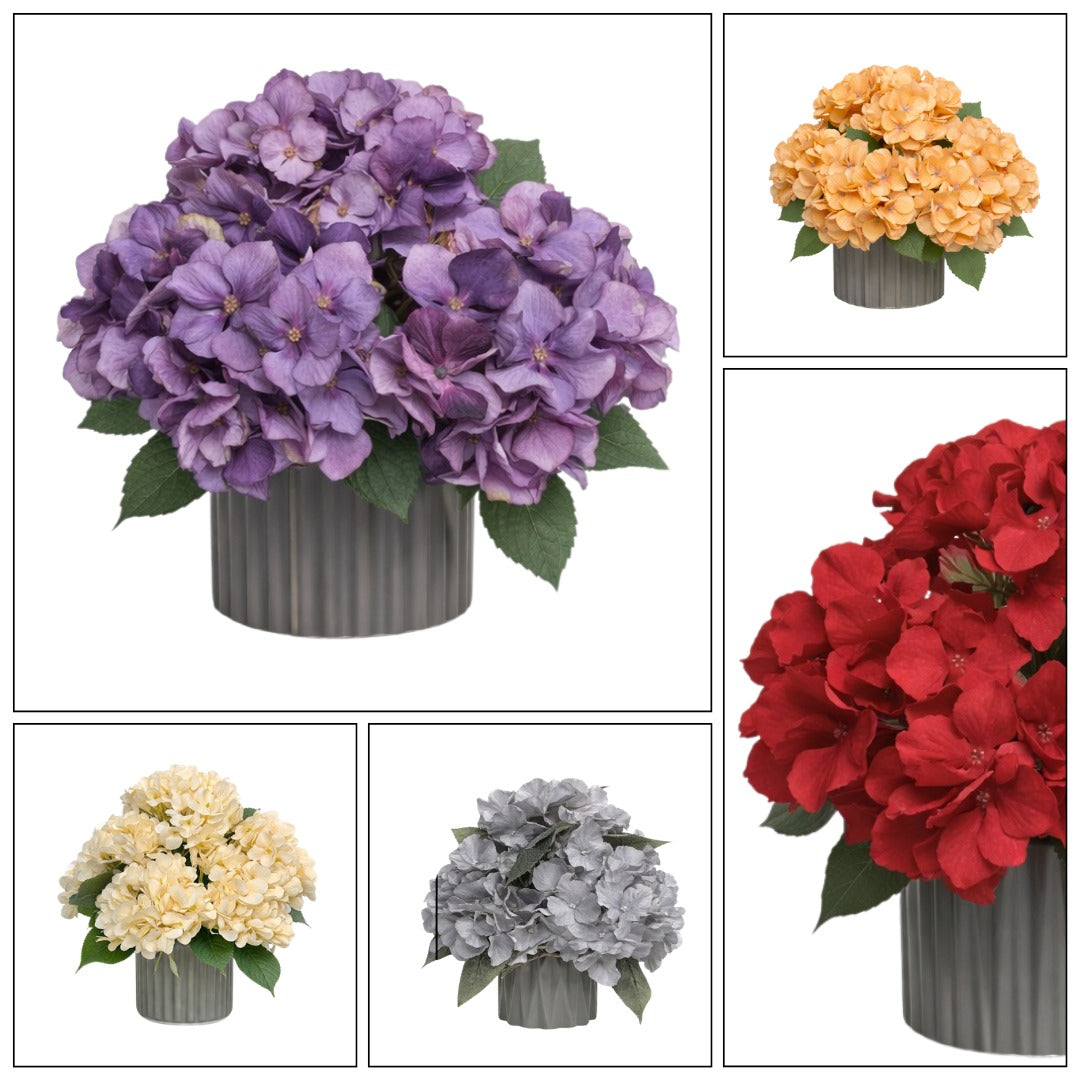 Artificial 25cm hydrangea flower arrangement by Alton Flowers featuring realistic, vibrant blue and white hydrangea blooms.
