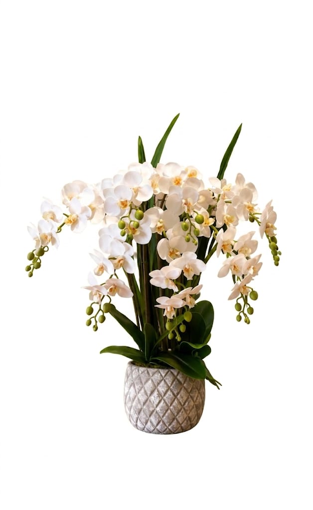 Artificial orchid plants with seven rubber flowers, showcasing realistic blooms and green leaves for decorative use.