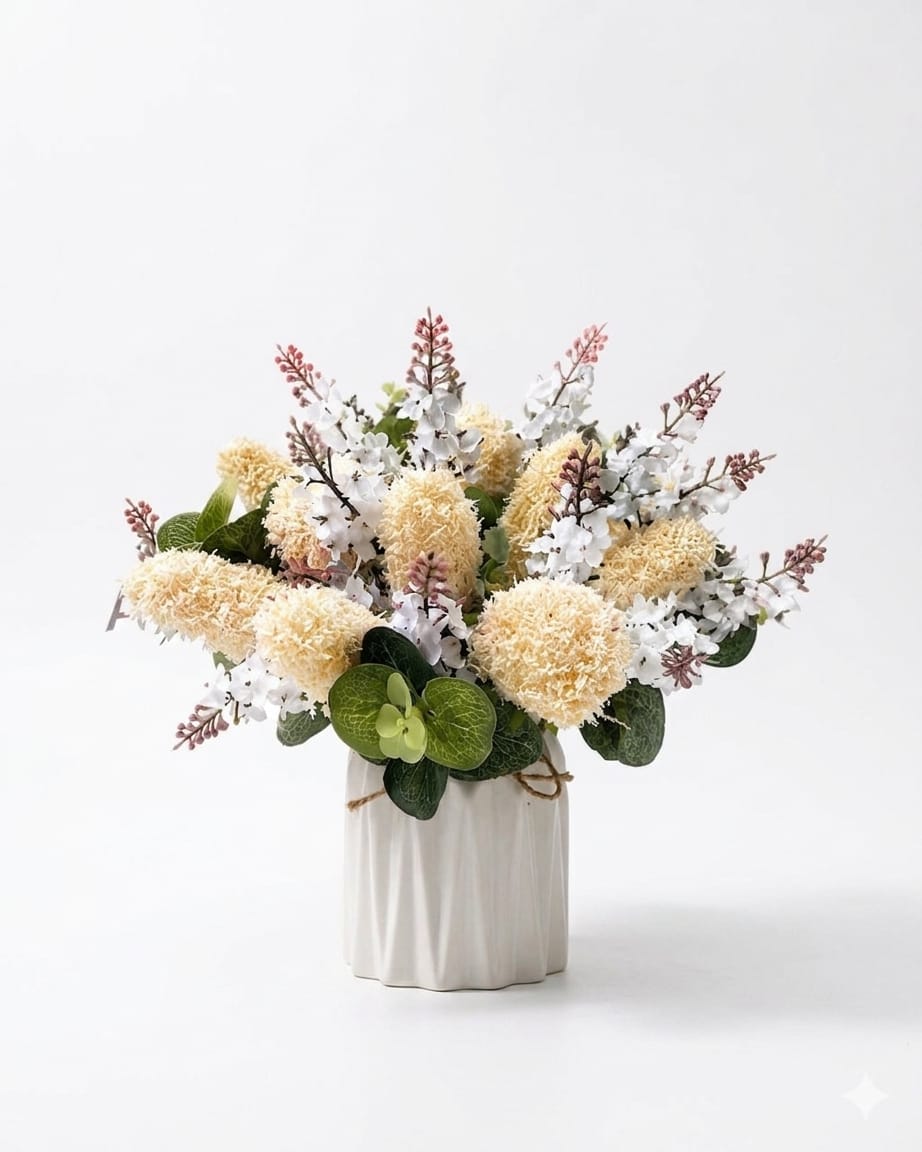 Artificial floral arrangement in a ceramic vase by Alton Flowers, featuring colorful faux flowers and greenery.