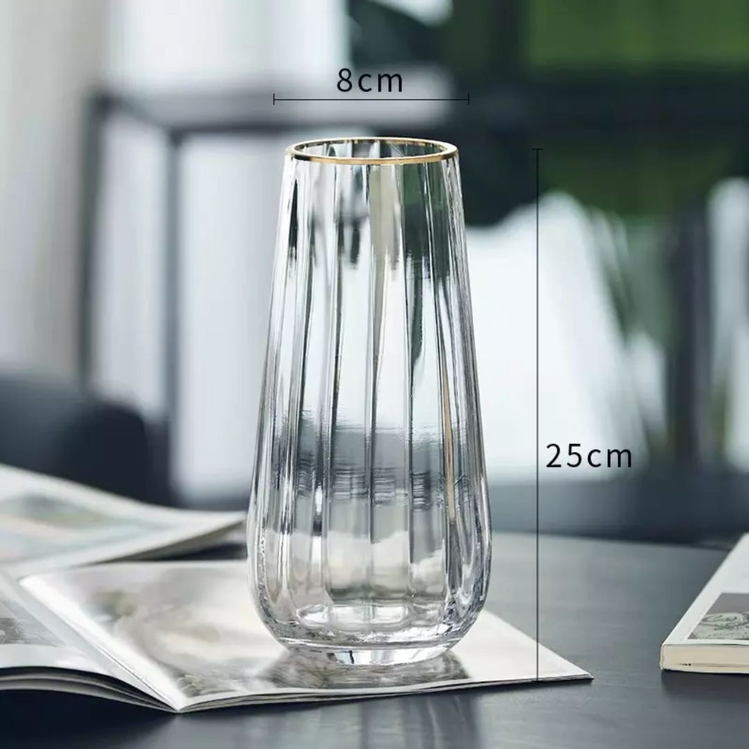 25cm Fluted Gold Rim Glass Vase | Elegant Tulip Stem Vase