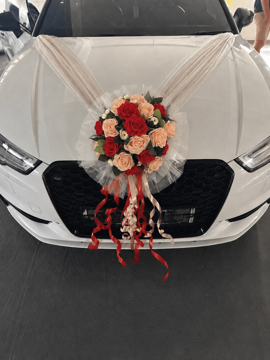 Handcrafted Bridal Wedding Car Decorations Front Bonnet Flowers Ribbon Flower Floral Silk Artificial Bouquet Centerpiece