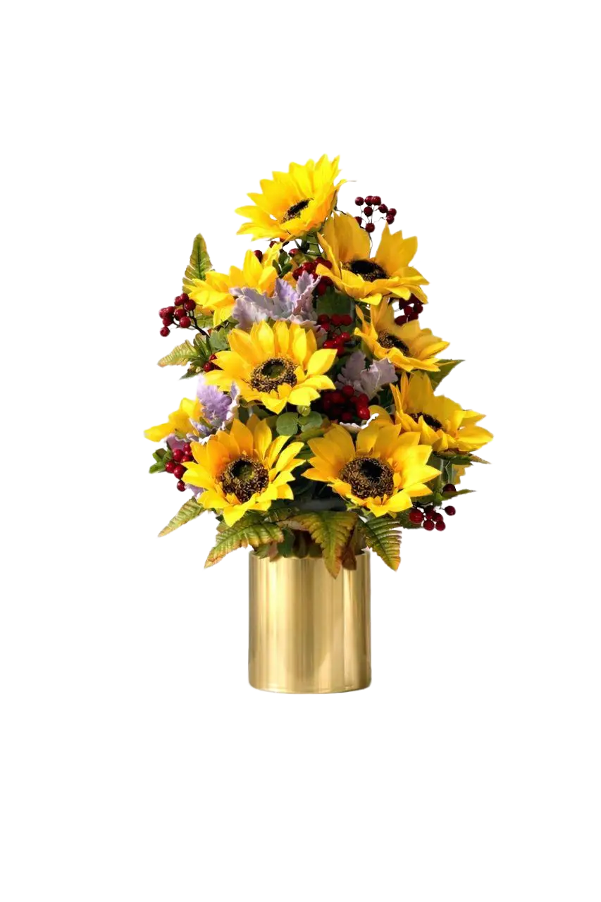 Artificial sunflower flower arrangement with nine bright yellow sunflowers by Alton Flowers in a natural display.