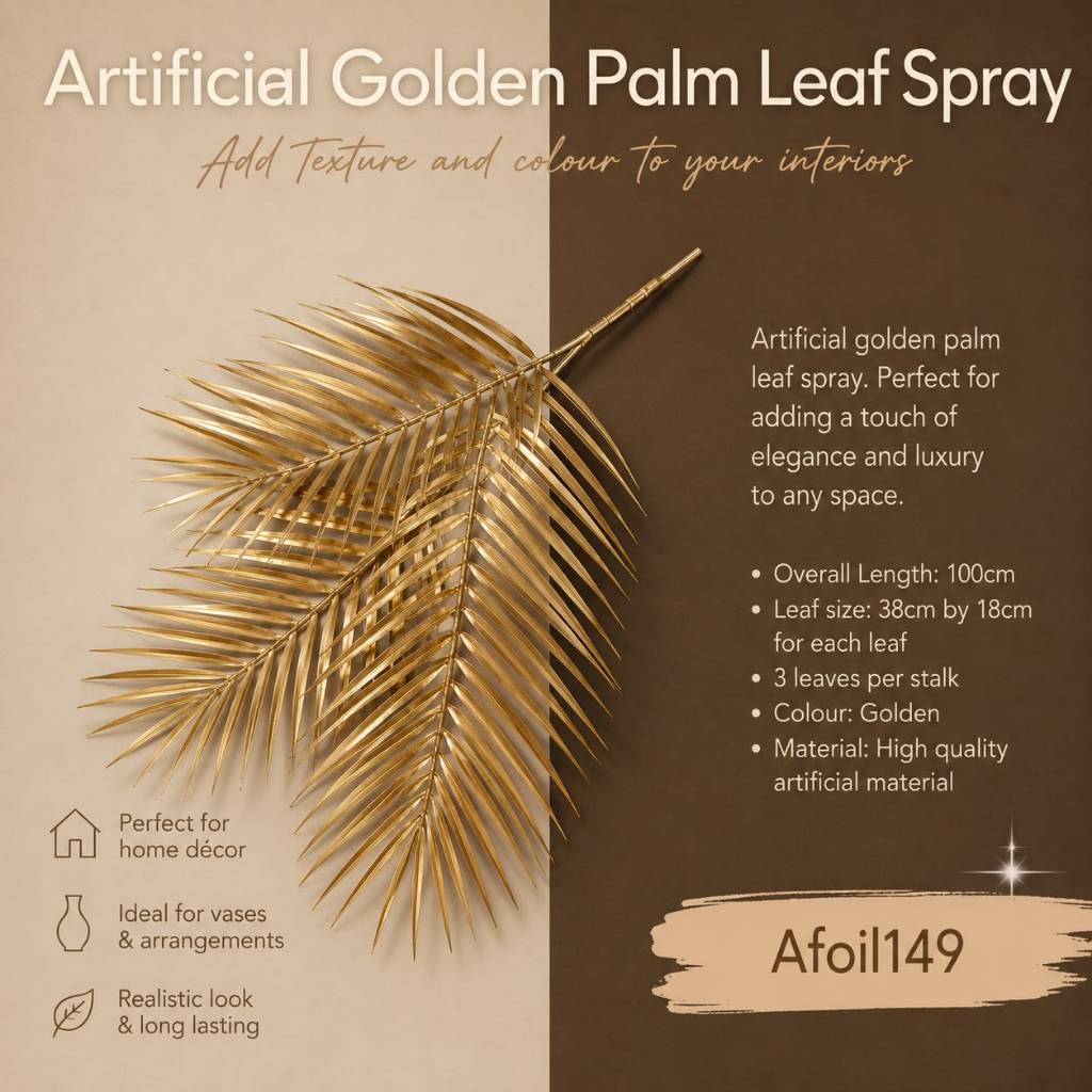 Artificial gold leaves and metallic flowers for home and event decoration, showcasing shiny gold foliage and elegant floral accents.