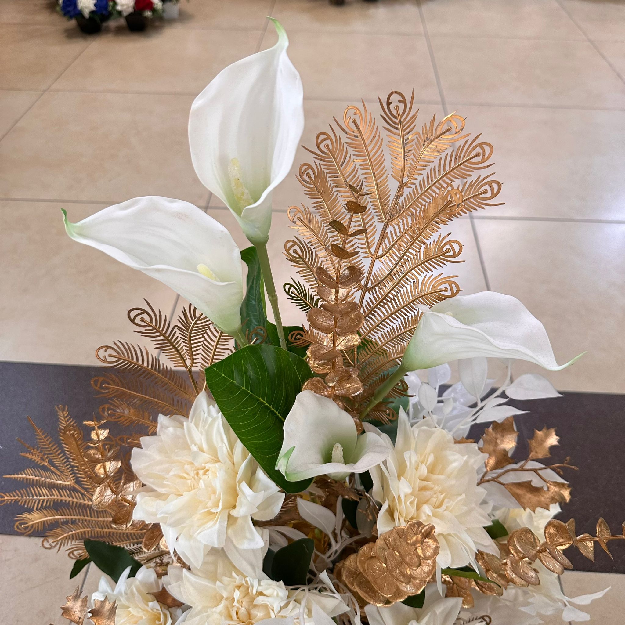 white calla lily with gold leaves artificial arrangement