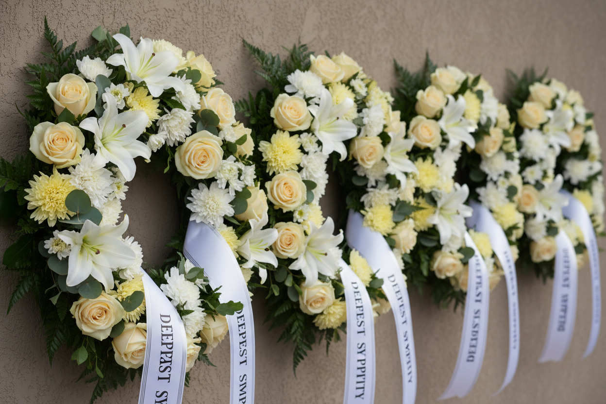 Condolences flower wreaths in white and cream tones, featuring roses and lilies for funeral and memorial delivery in Singapore.