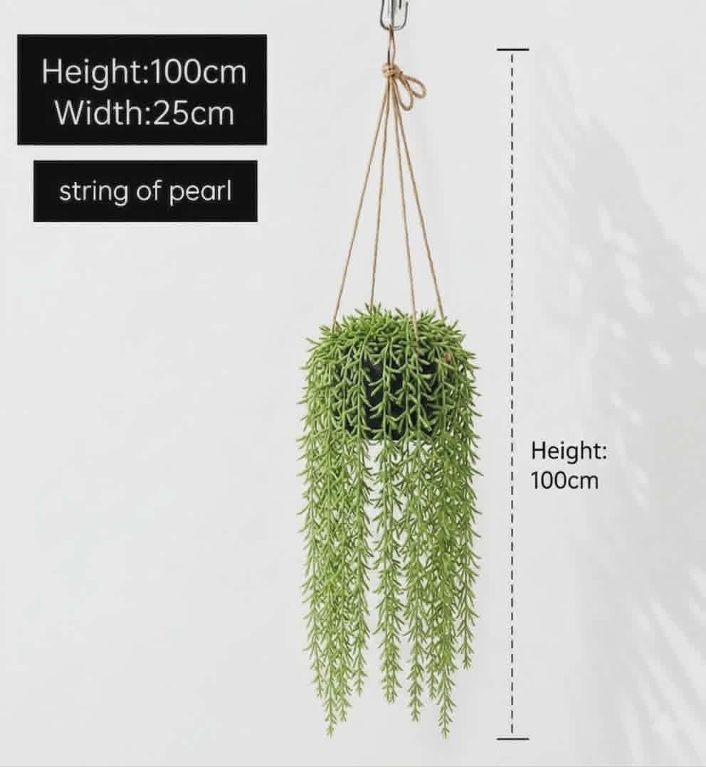 Artificial hanging shrub plant in a plastic pot, featuring lush green foliage for garden, balcony, or ceiling decoration.