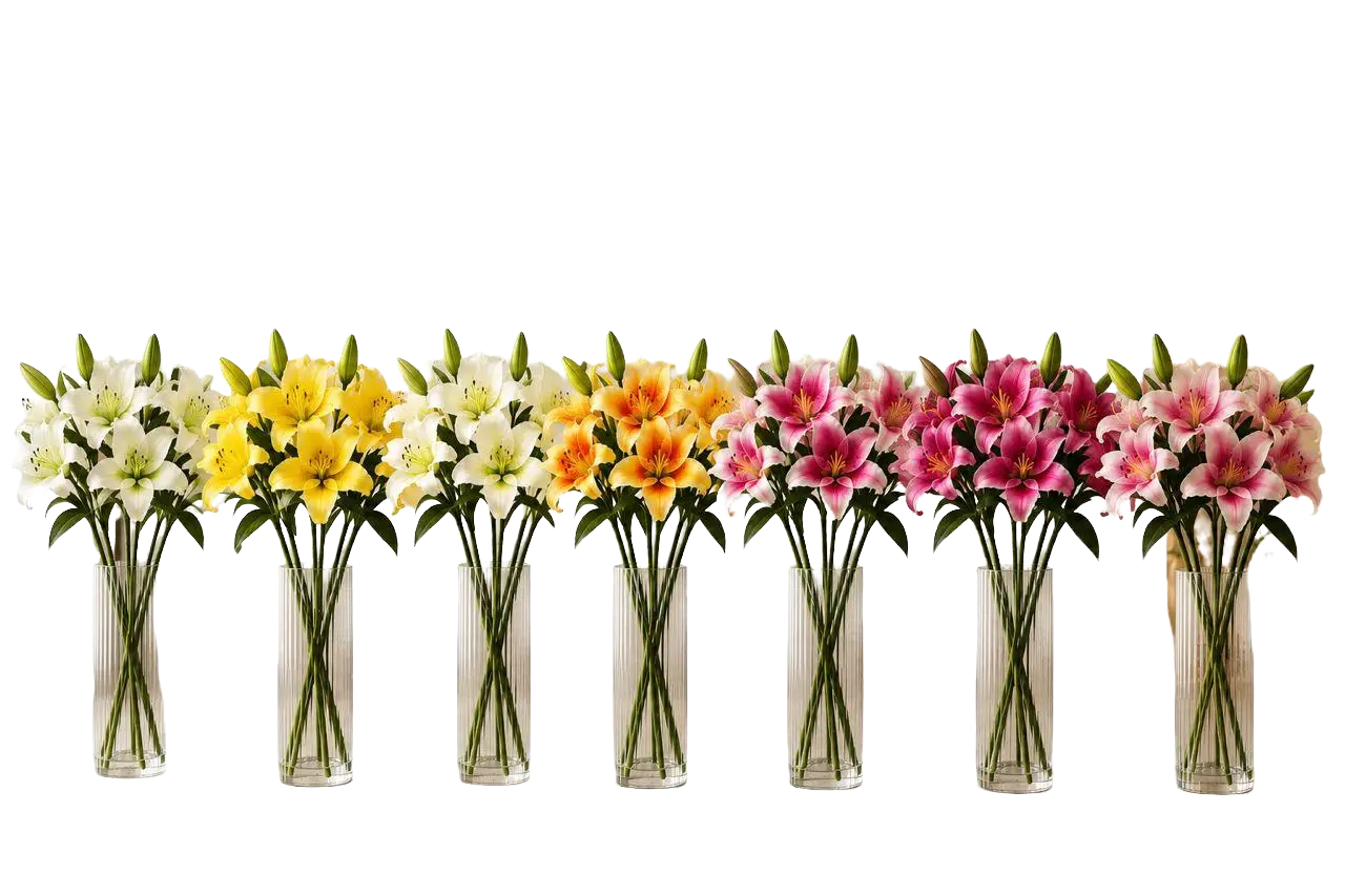 Alton Flowers glass vase with six artificial lily stalks, ideal for home decor, garden, or event decoration.