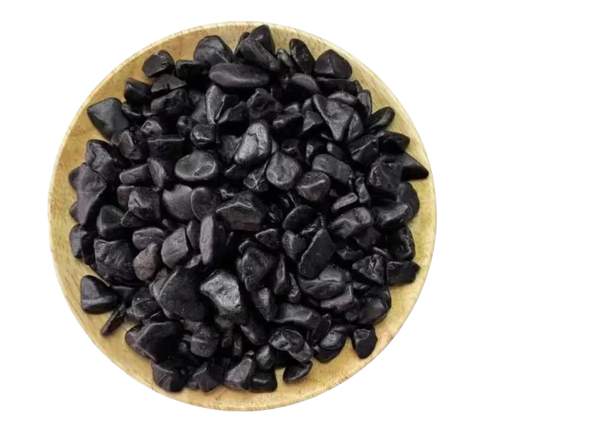Waxed black rounded gravel 1-2cm from Alton Flowers, showing smooth, polished stones suitable for landscaping or decorative use.