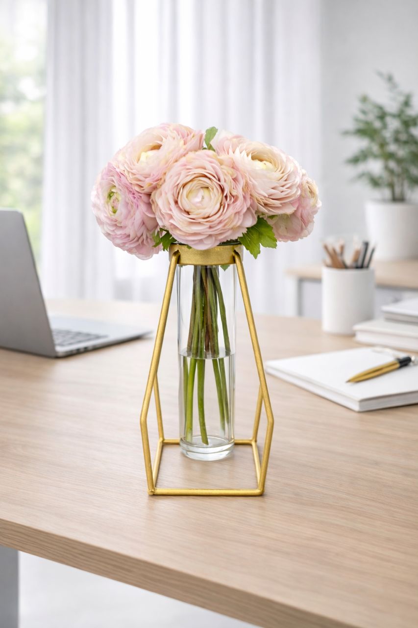 Light pink 25cm artificial peony flower bush in a glass vase by Alton Flowers, showcasing realistic blooms and elegant presentation.