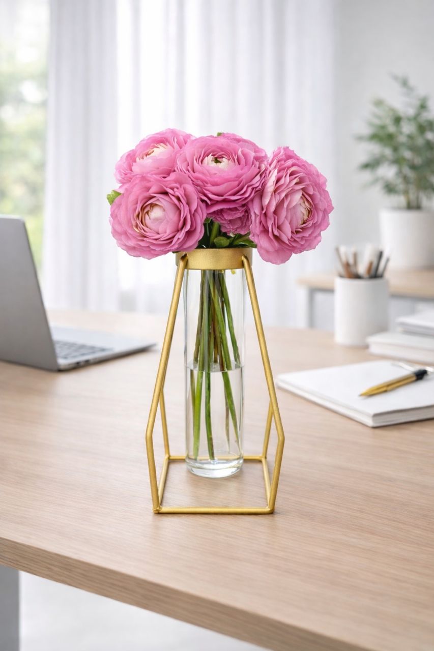 Pink artificial peony flower bush in a 25cm glass vase, decorative floral arrangement by Alton Flowers.