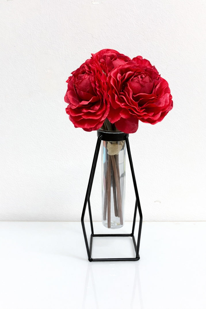 Red artificial peony flower bush in a glass vase by Alton Flowers, 25cm tall, realistic faux floral arrangement.