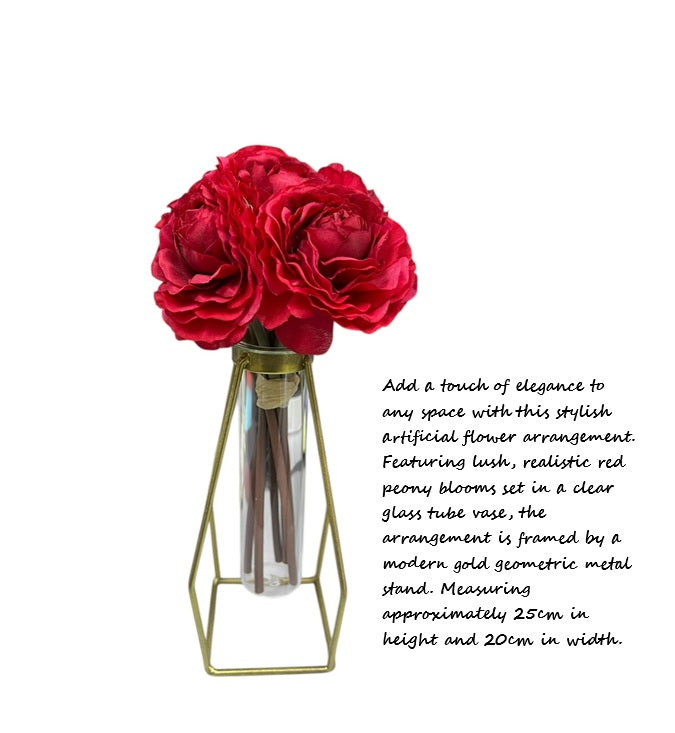 Artificial peony flower bush in a glass vase, 25cm tall, with lush pink blooms and green foliage, by Alton Flowers.