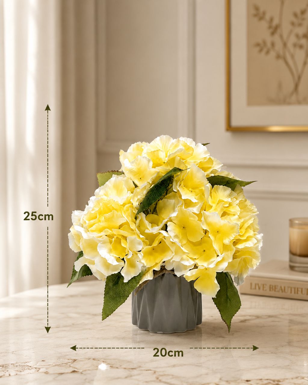 Yellow artificial Hydrangea flower in a pot, realistic fake plant by Alton Flowers, product AAA427.