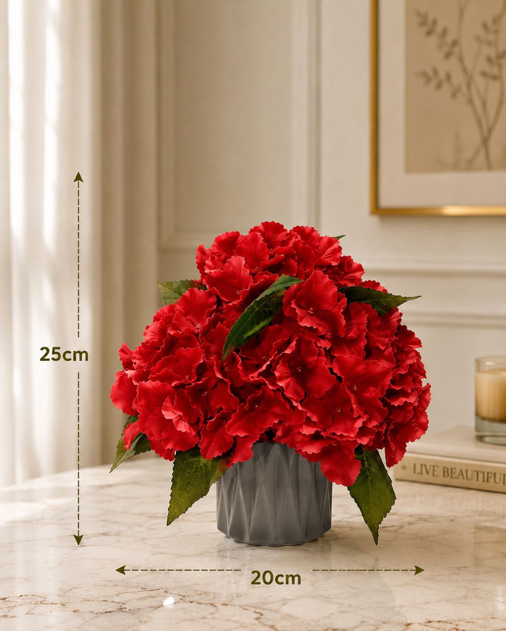Artificial red hydrangea flower in a pot, decorative floral plant by Alton Flowers, AAA427 model, vibrant and realistic appearance.