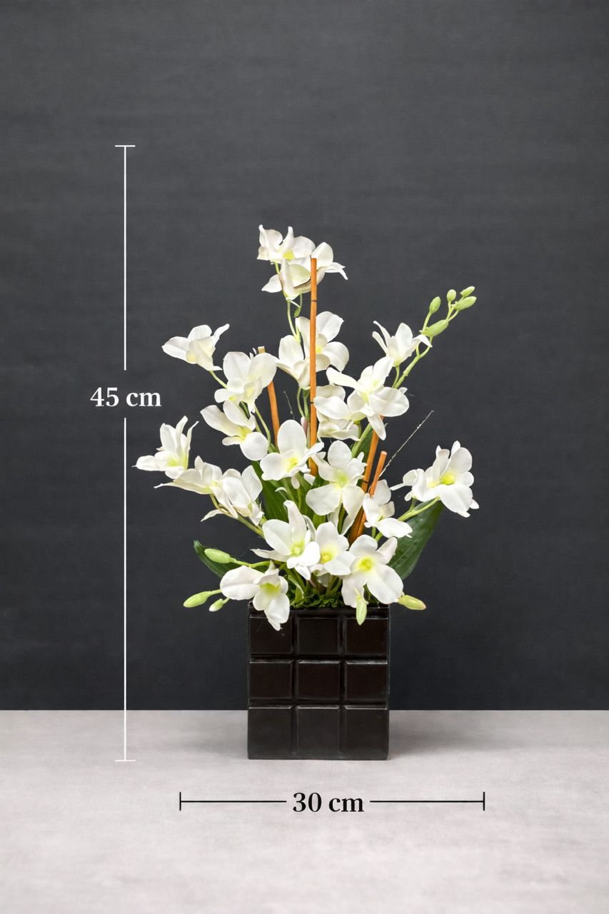 All-white artificial orchid flower arrangement by Alton Flowers, AAA445 Denborium model, featuring realistic white orchids.