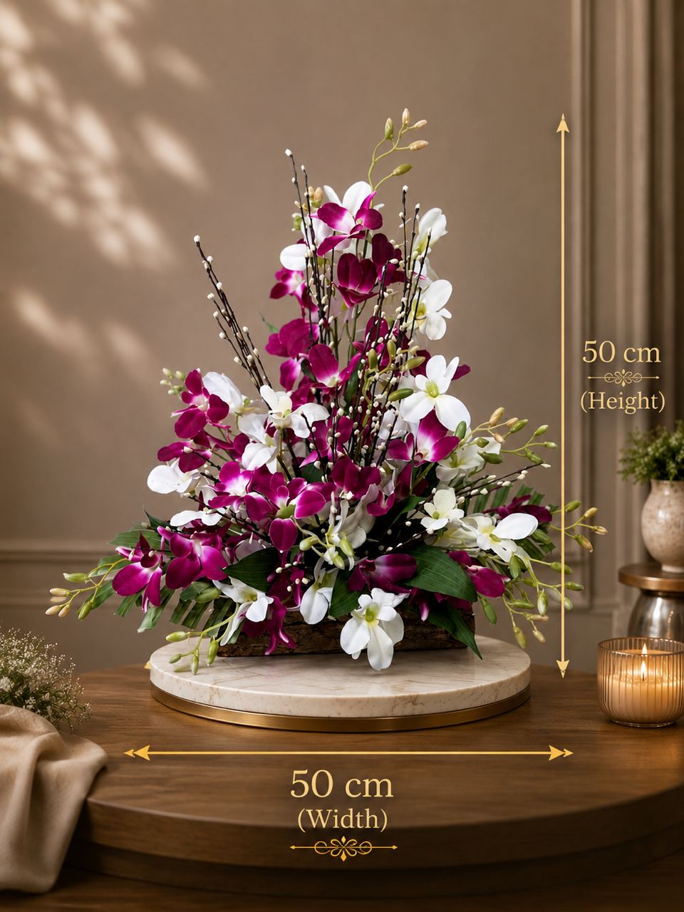 Artificial flower orchid arrangement in a wooden vase, ideal for home decor and events by Alton Flowers.