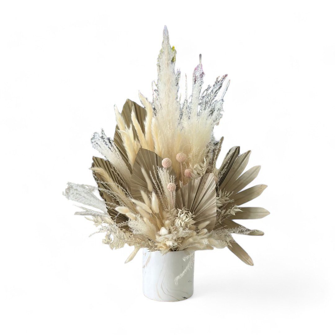 Luxurious Dried Flower Arrangement: Jumbo Pampas, Palm Leaves, and More in a Marble Ceramic Pot AAA572