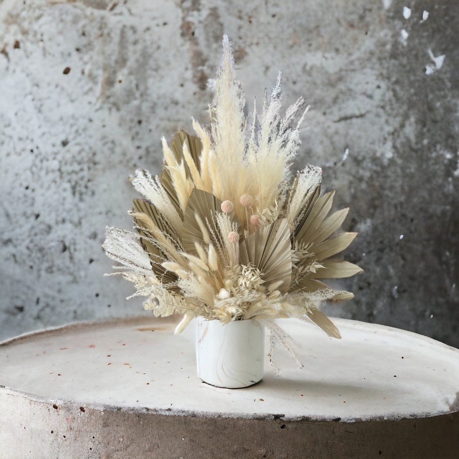 Luxurious Dried Flower Arrangement: Jumbo Pampas, Palm Leaves, and More in a Marble Ceramic Pot AAA572