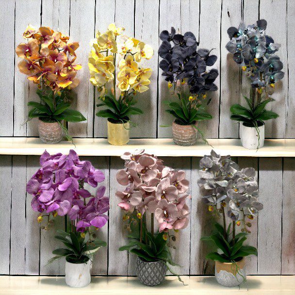Flower Orchids phalaenopsis x2 stalks Artificial set in ceramic pot AAA574