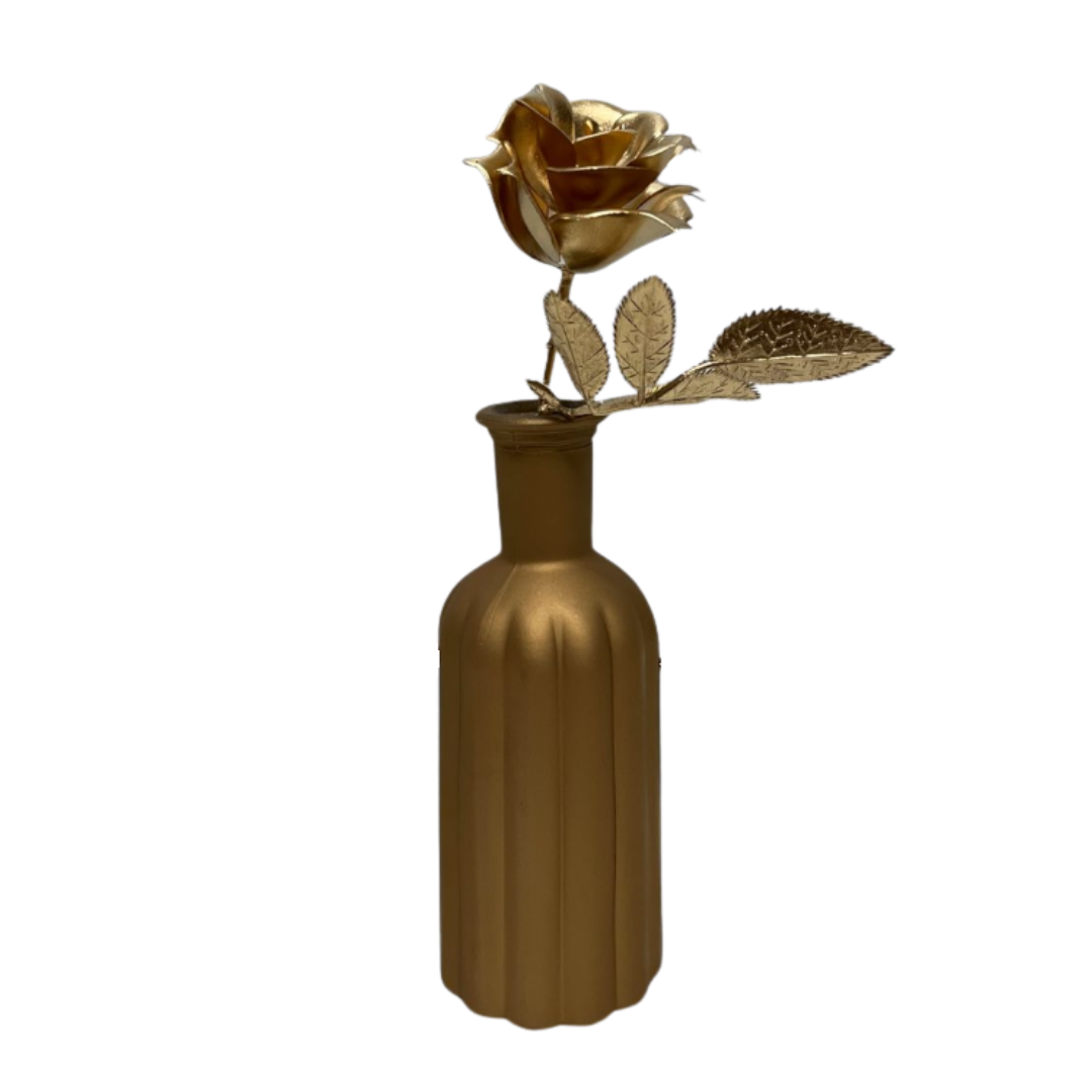 Artificial 20cm single rose flower arrangement in gold glass pot by Alton Flowers, perfect for home decor and events.