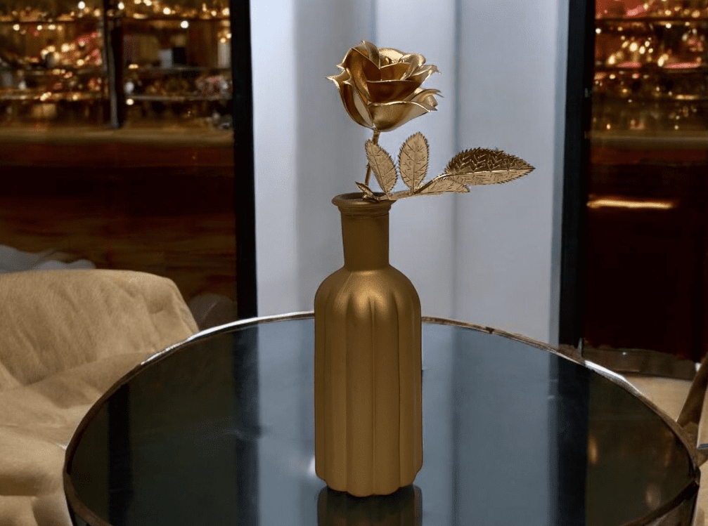 Artificial Flower Arrangement Single Rose in Gold glass pot, home decor, events AAA645
