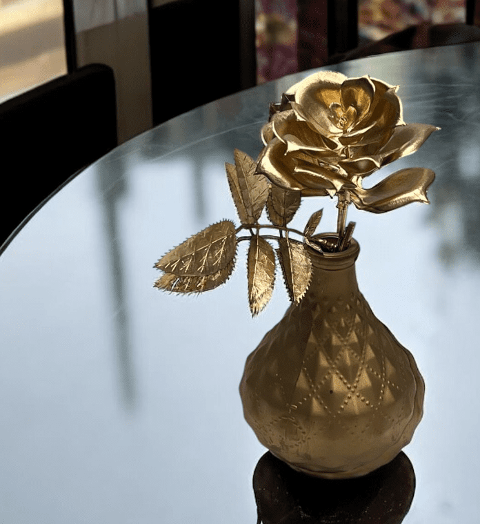 Artificial Flower Arrangement Single Rose in Gold glass pot, home decor, events AAA645