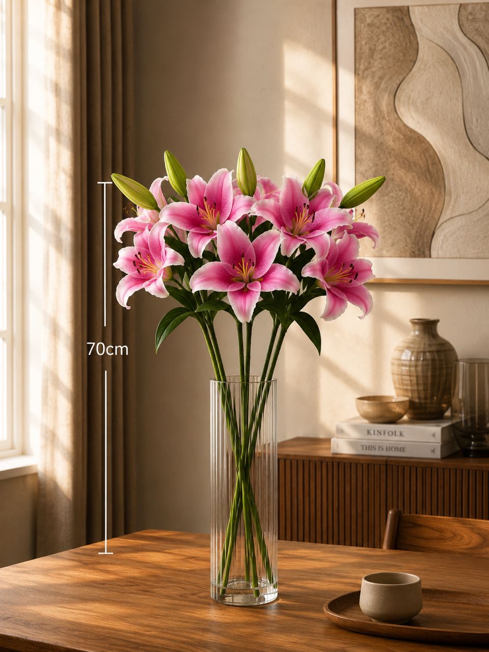 Alton Flowers glass vase with six artificial lily stalks, ideal for home decor, garden, or event decoration.