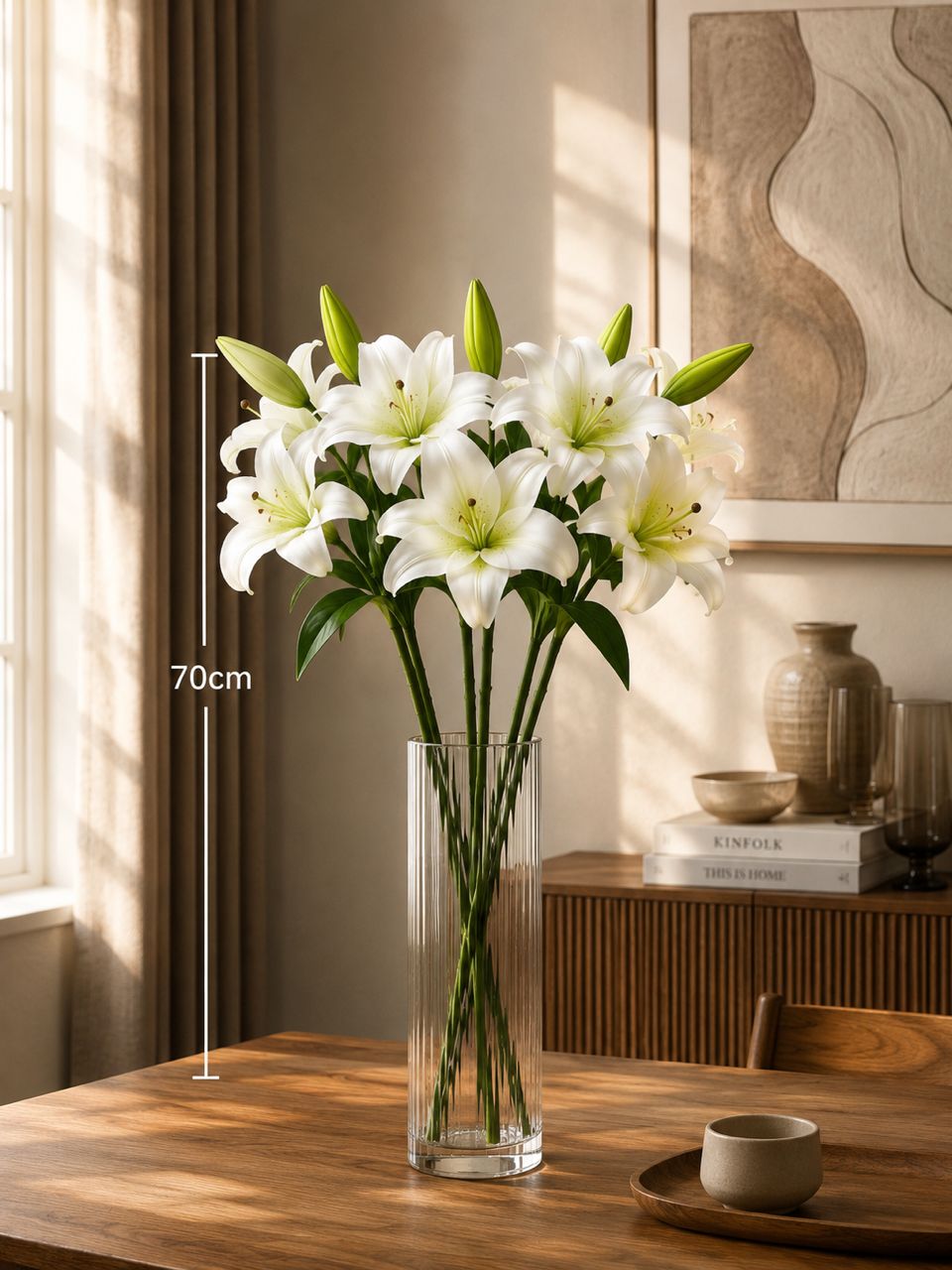 Alton Flowers glass vase with six artificial lily stalks, ideal for home decor, garden, or event decoration.