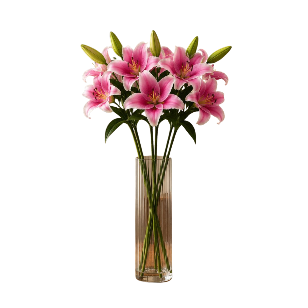 Glass Vase with 6 stalks of Artificial Lilys, home decor, garden, events.