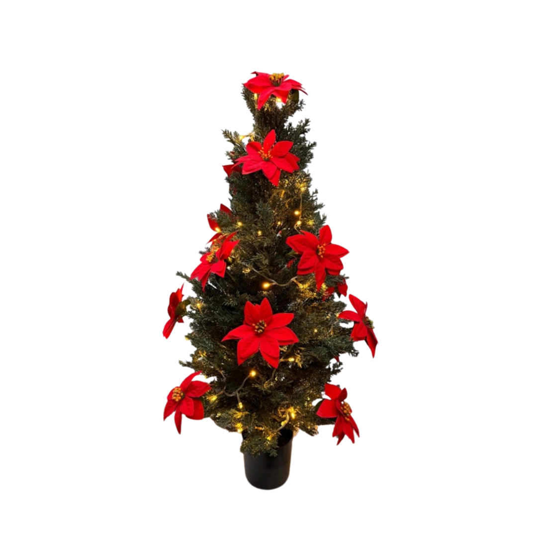 90cm Artificial Christmas Tree with Red Poinsettia Flowers and Fairy Lights AAA914