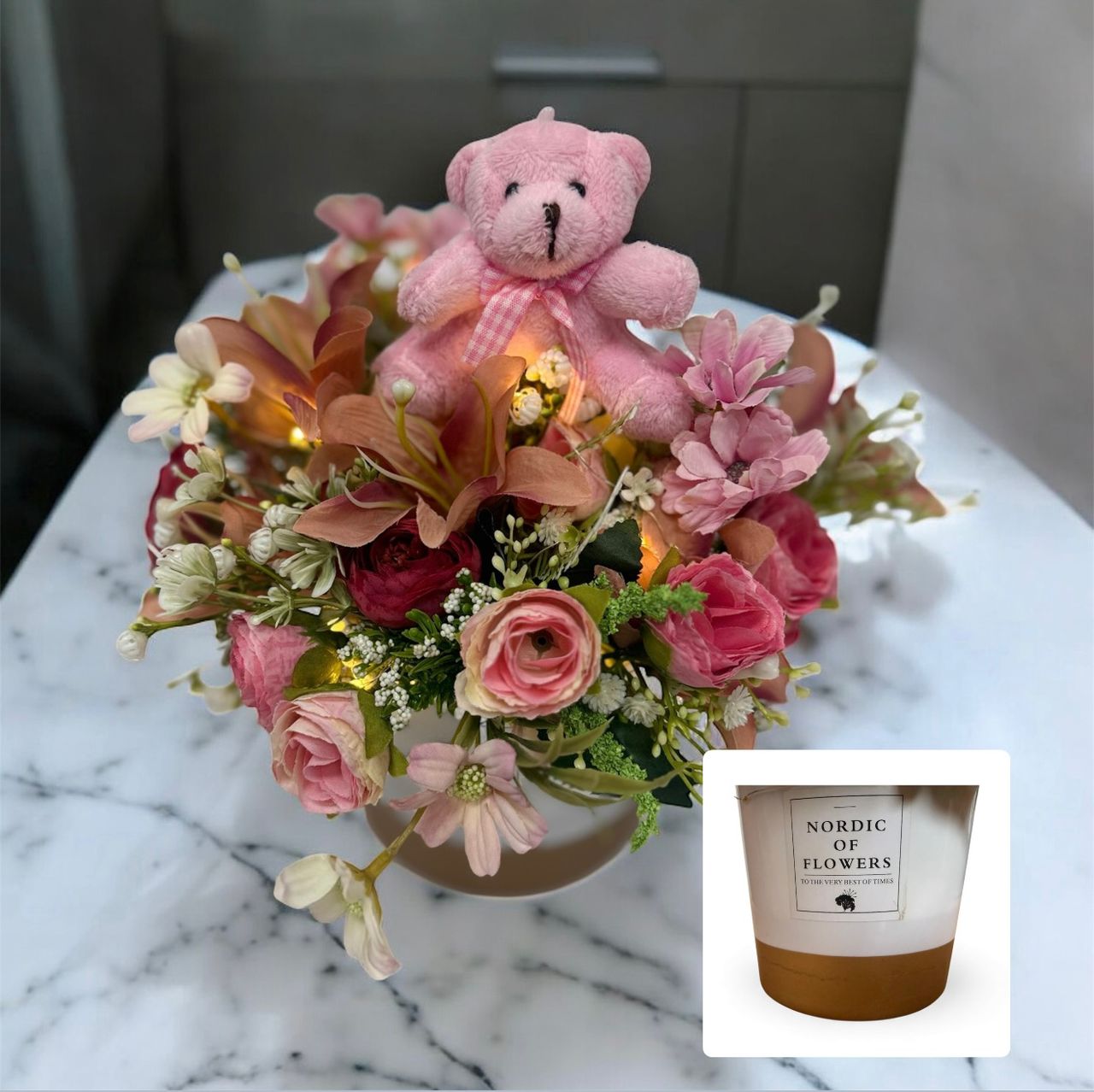 30cm Charming Pink Floral Arrangement with Teddy Bear and led warm light AAA916