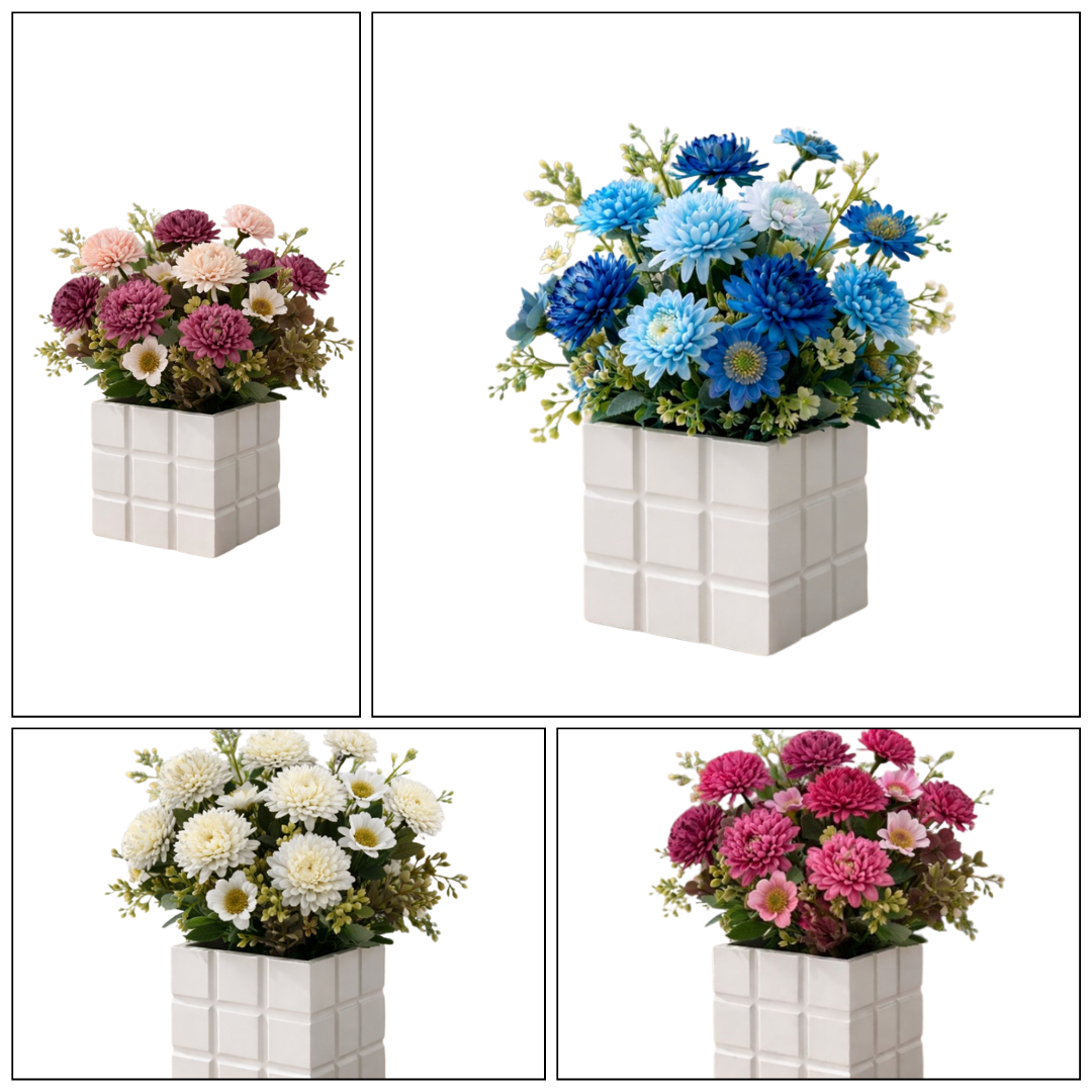 20cm Artificial Pom Pom arrangement set in a wooden vase. AAA946