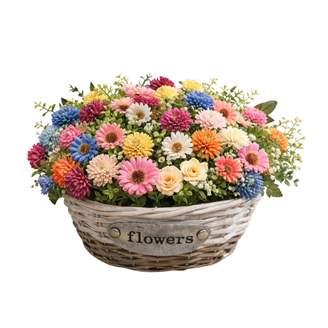 15cm Artificial Daisy & Pom Pom Flowers set in a Rustic Looking Basket |  flower arrangement | flora basket, home decor AAA950