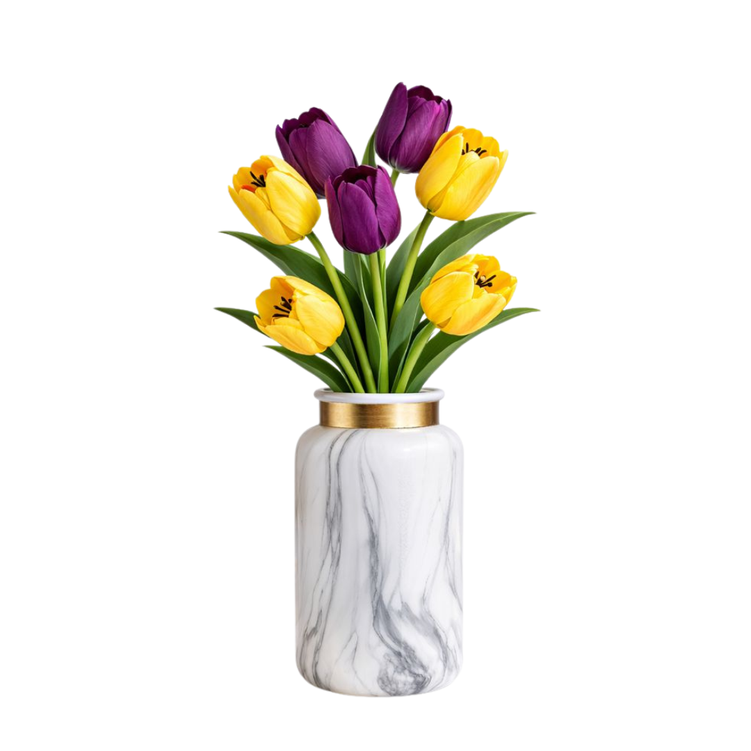 Elegant 55cm yellow and purple tulip artificial flower arrangement by Alton Flowers, showcasing realistic silk tulip blooms.