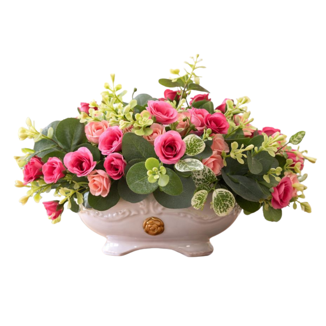 Artificial flower arrangement in a classic ceramic vase, 20cm tall, by Alton Flowers, featuring colorful blooms and lush greenery.