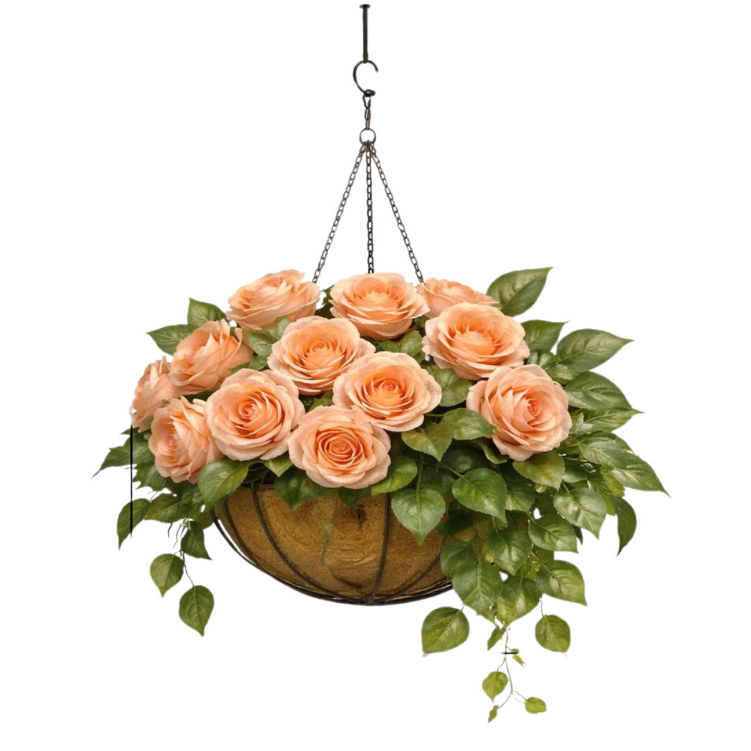 40cm Artificial Peach Rose Hanging Basket | Faux Flower Hanging Planter with Cocofiber Pot | Indoor/Outdoor Decor