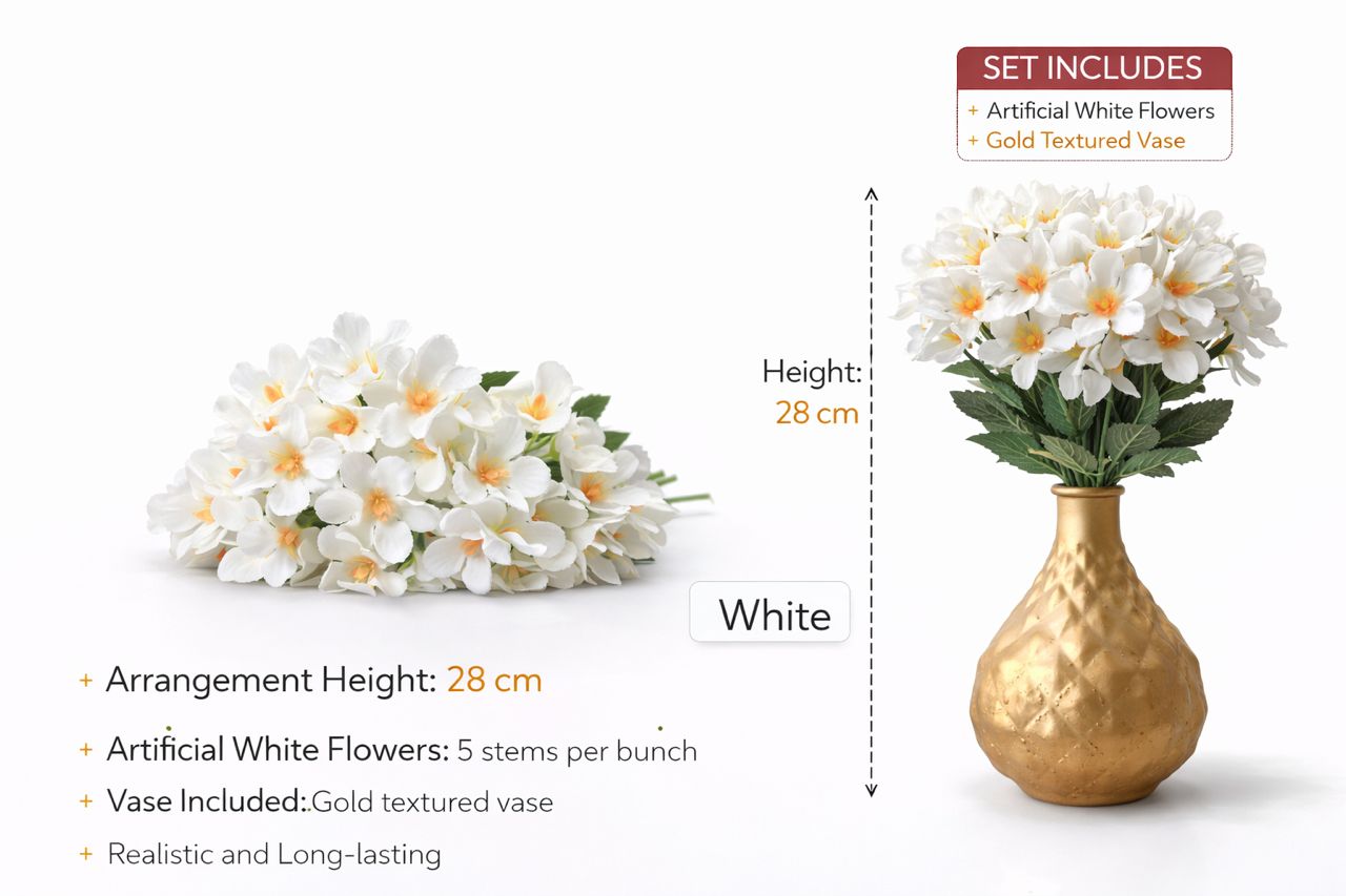 28cm Flower arrangement in a Gold textured vase, home decor, garden, events