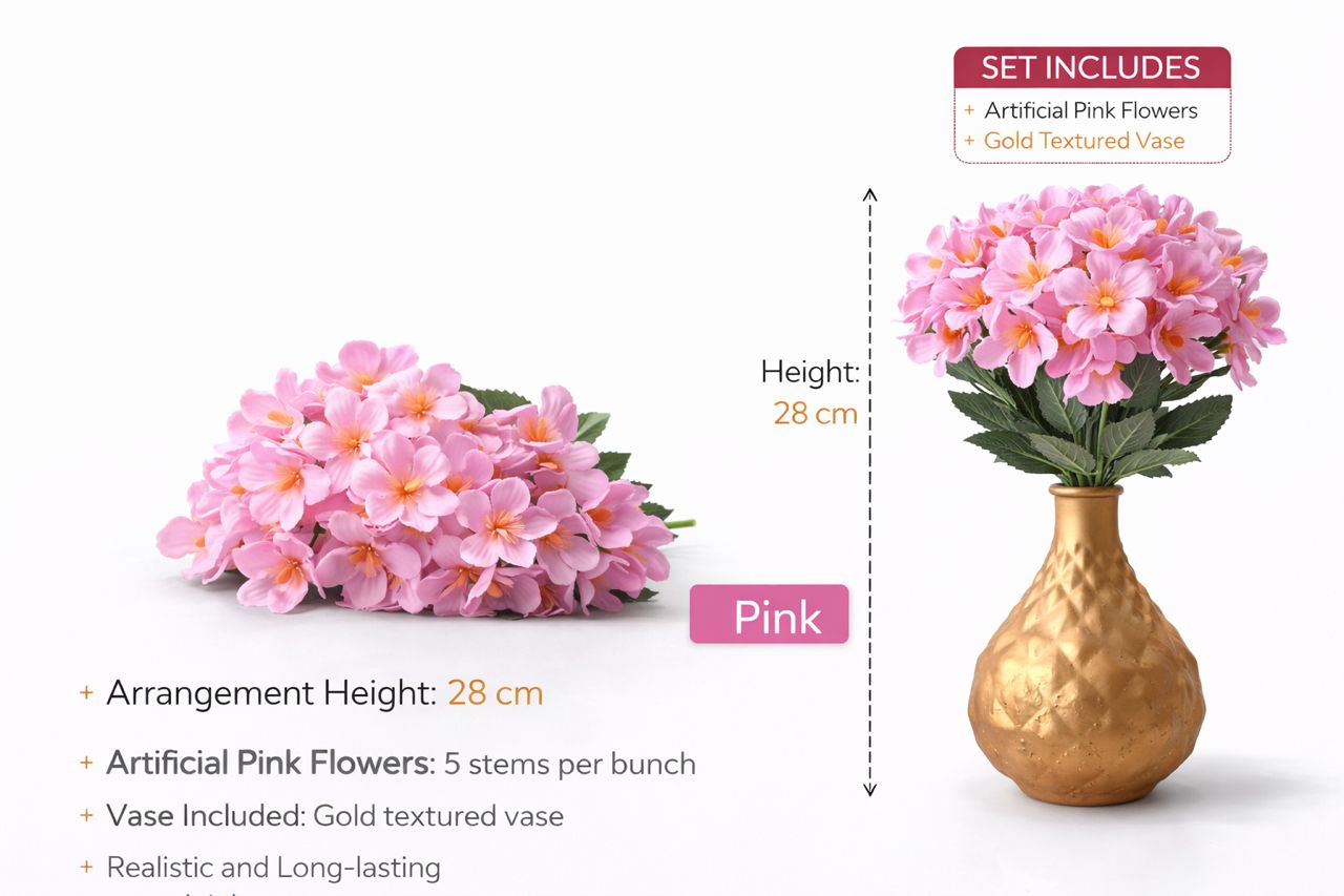 28cm Flower arrangement in a Gold textured vase, home decor, garden, events