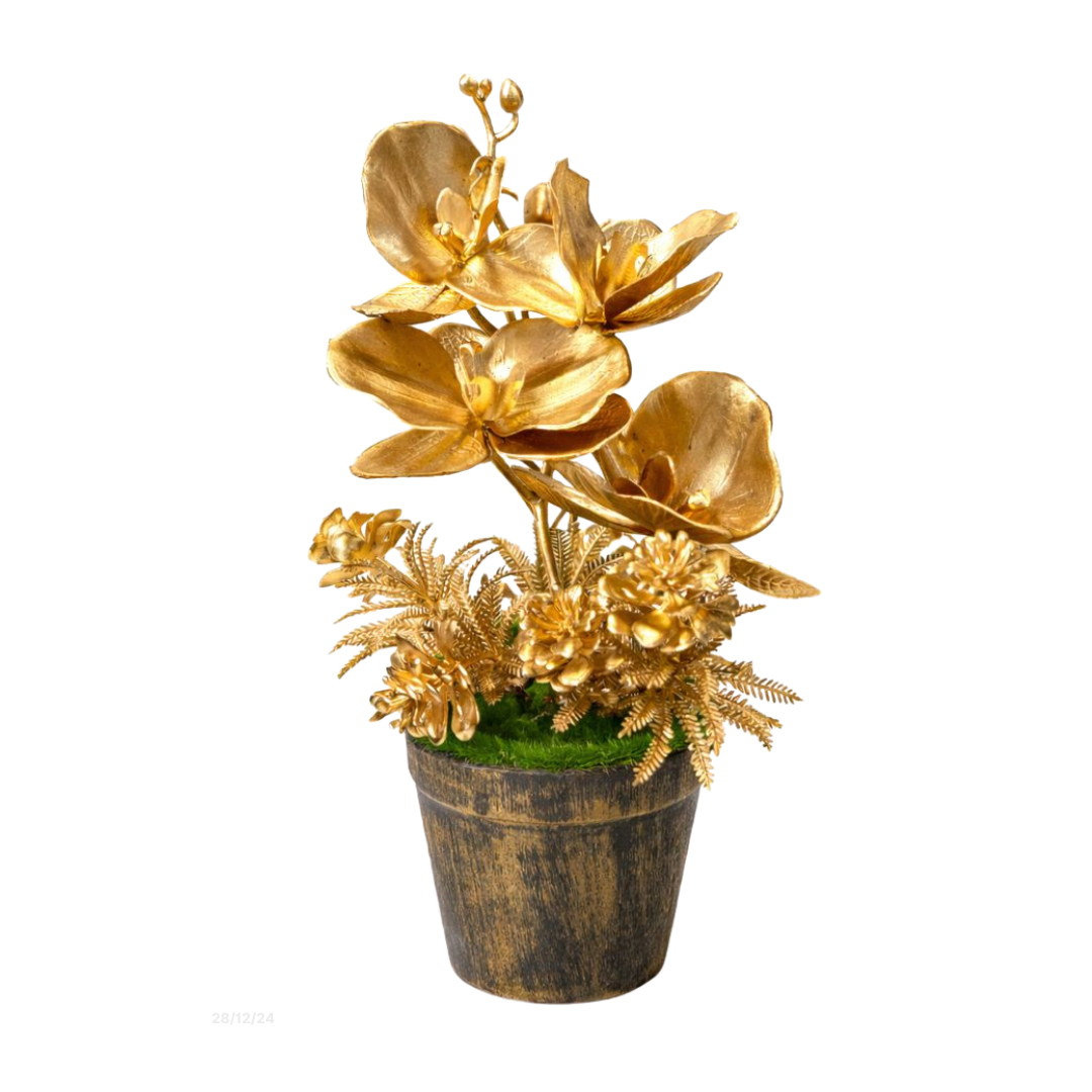 Artificial luxury gold orchid arrangement, 25cm tall, featuring realistic gold-colored orchids in a stylish display.