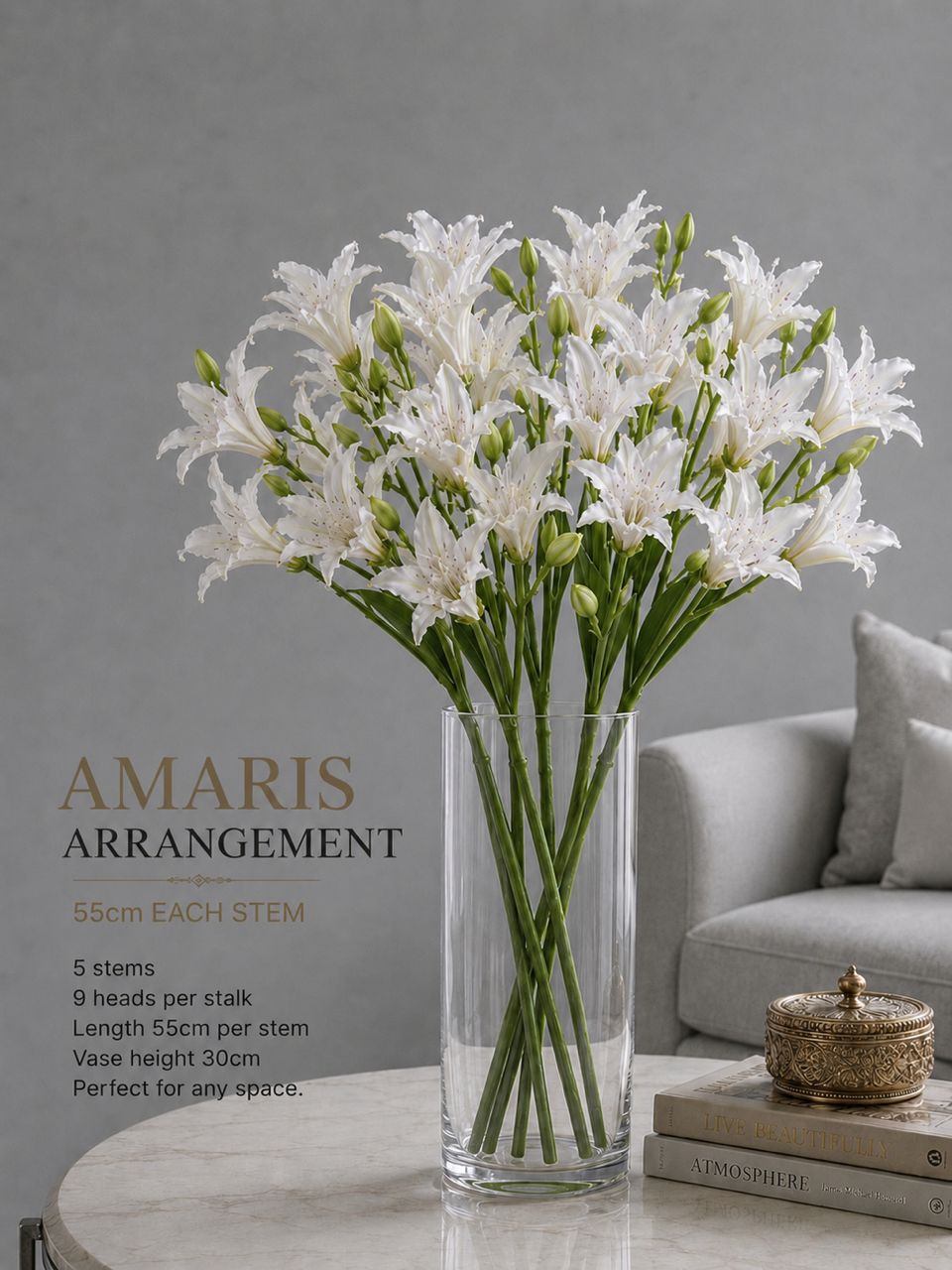 Elegant Amaris Arrangement with realistic floral detailing, home decor, garden, events