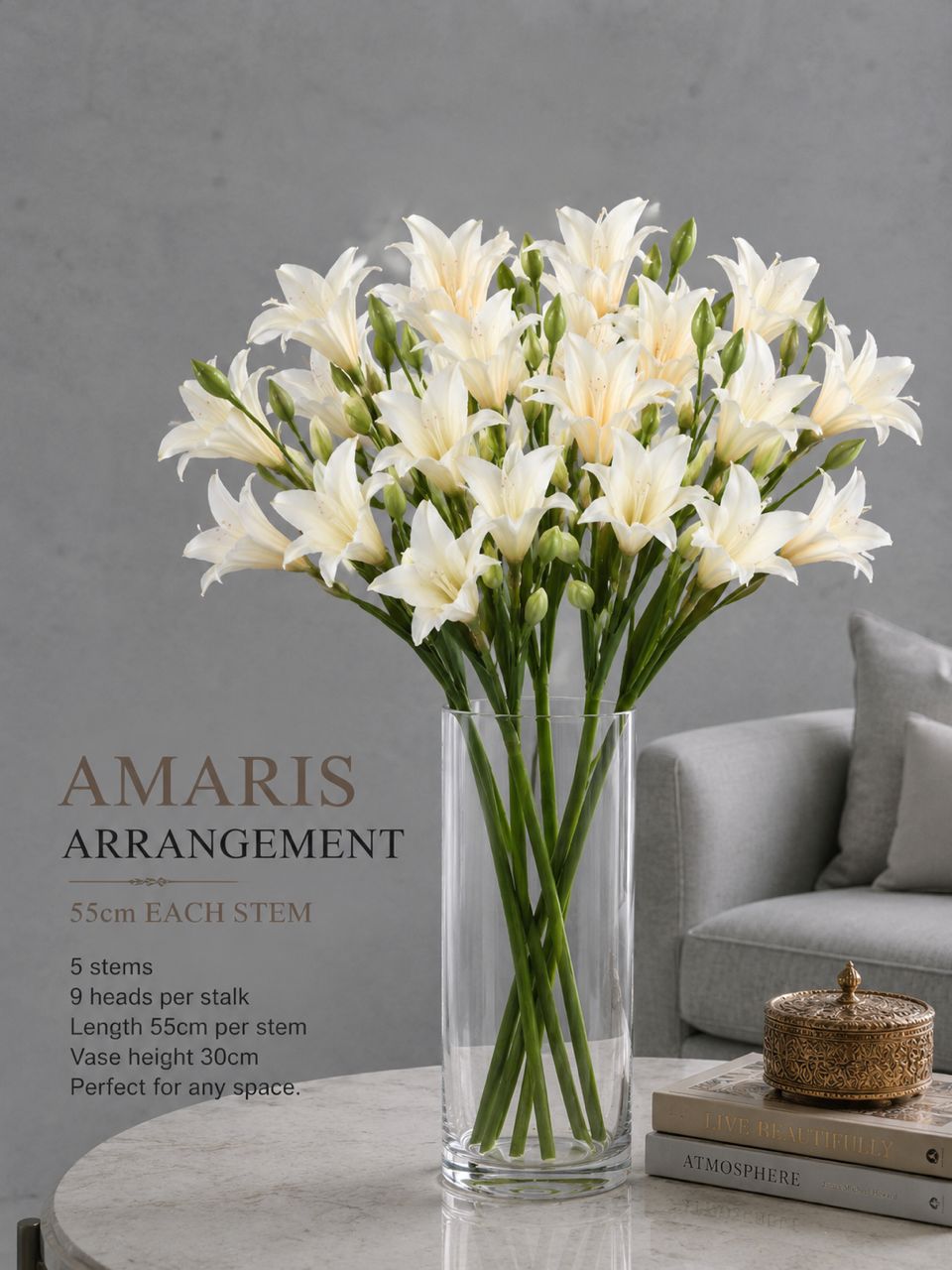 Elegant Amaris Arrangement with realistic floral detailing, home decor, garden, events