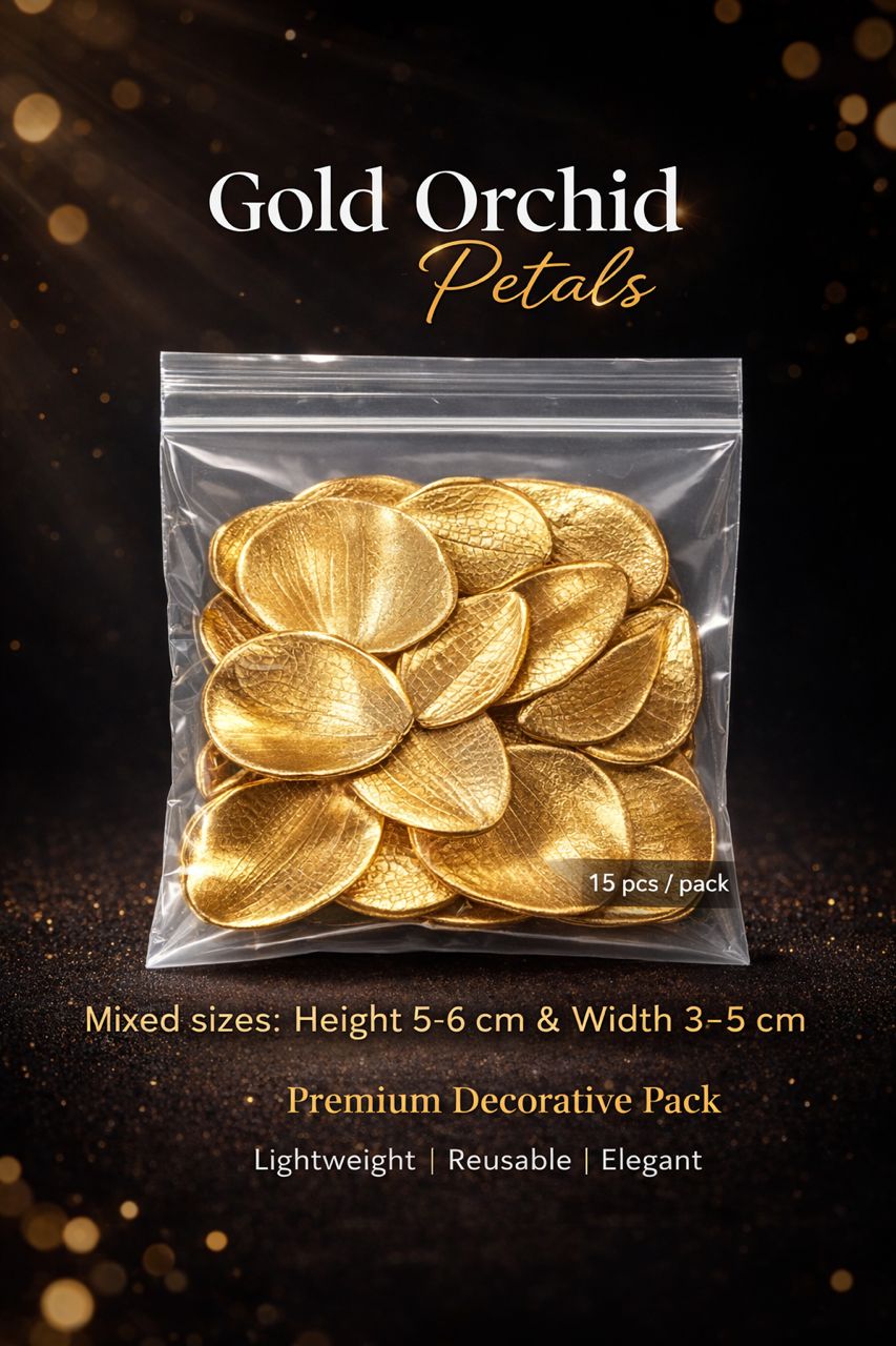 Gold orchid petals for elegant home décor and events, displayed in a natural arrangement with vibrant, realistic appearance.